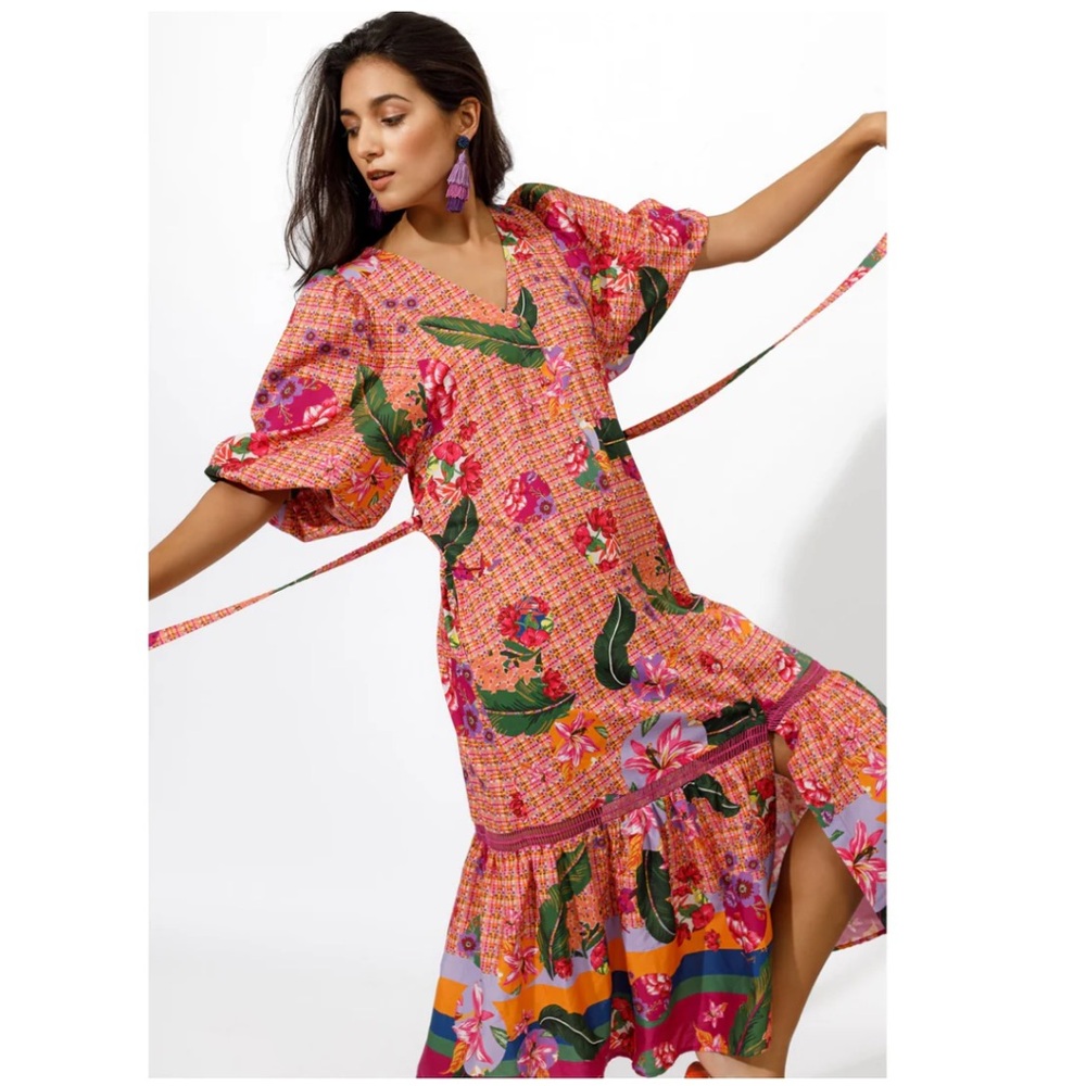 Anthropologie Emily Lovelock Sophie Multicolor Tropical Flounce Midi Dress